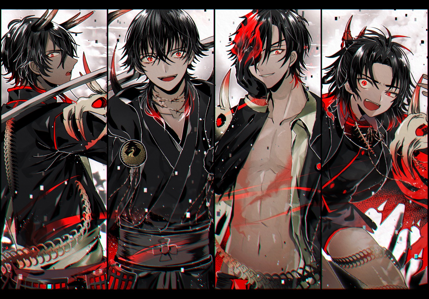 abandon_ranka, armor, eyepatch, japanese_clothes, male, ookurikara_(tourabu), shokudaikiri_mitsutada, taikogane_sadamune