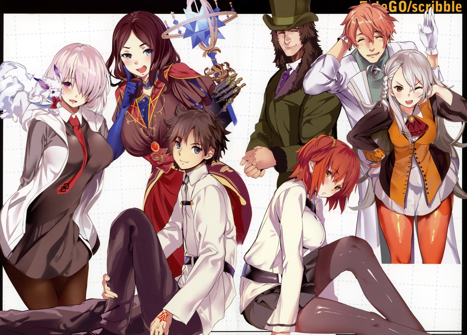 armor, fate/grand_order, fujimaru_ritsuka_(female), fujimaru_ritsuka_(male), leonardo_da_vinci_(fate), lev_lainur_flauros, marushin, mash_kyrielight, olga_marie_animusphere, pantyhose, romani_archaman, tattoo, weapon
