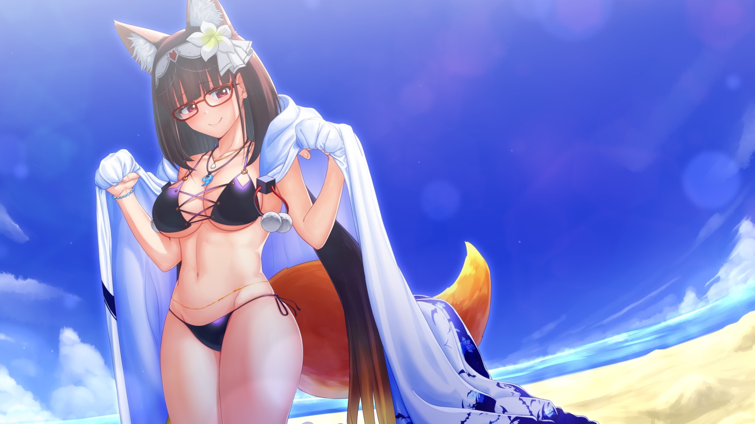 animal_ears, bikini, cleavage, fate/grand_order, kitsune, megane, mkon, osakabehime_(fate), swimsuits, tail, underboob