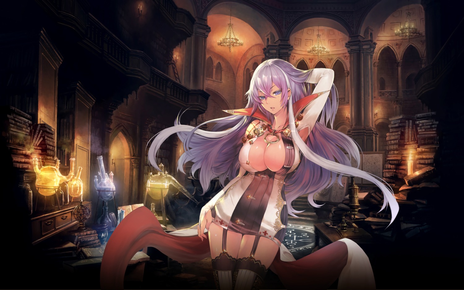 cleavage, isabelle_(shadowverse), no_bra, shadowverse, stockings, teddy, thighhighs