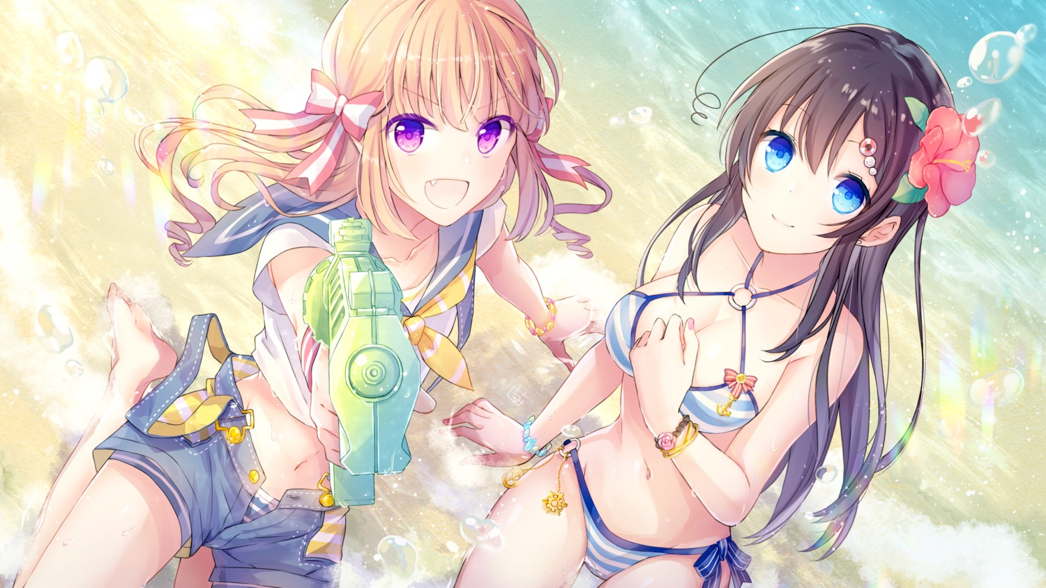 bikini, cleavage, goma_(11zihisin), gun, overalls, seifuku, swimsuits, wallpaper, wet