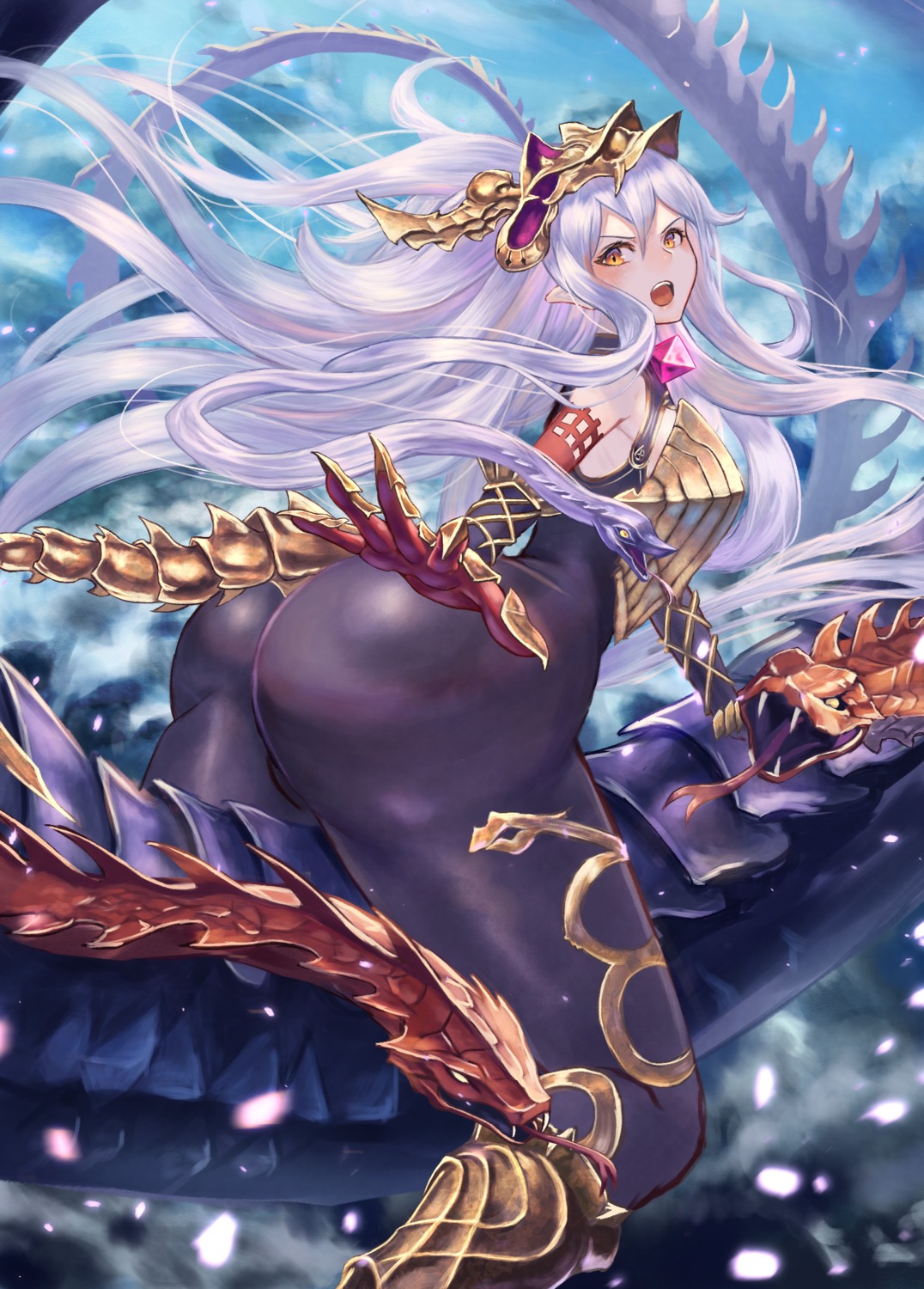 armor, ass, bodysuit, gore_(white_gore), granblue_fantasy, medusa_(shingeki_no_bahamut), pointy_ears, shingeki_no_bahamut