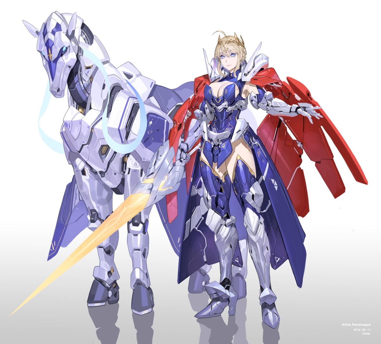 artoria_pendragon_(fate), cleavage, fate/grand_order, heels, mecha, sohn_woohyoung, sword, thighhighs