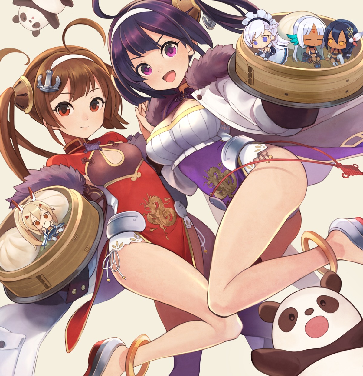 ayanami_(azur_lane), azur_lane, belfast_(azur_lane), bikini_top, chibi, chinadress, cleavage, maid