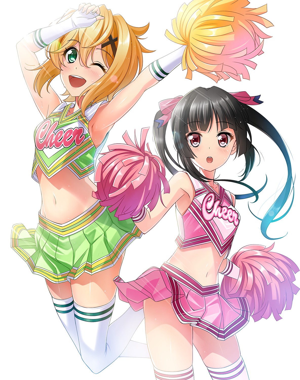akatsuki_kirika, cheerleader, nyannmaru, senki_zesshou_symphogear, skirt_lift, thighhighs, tsukuyomi_shirabe