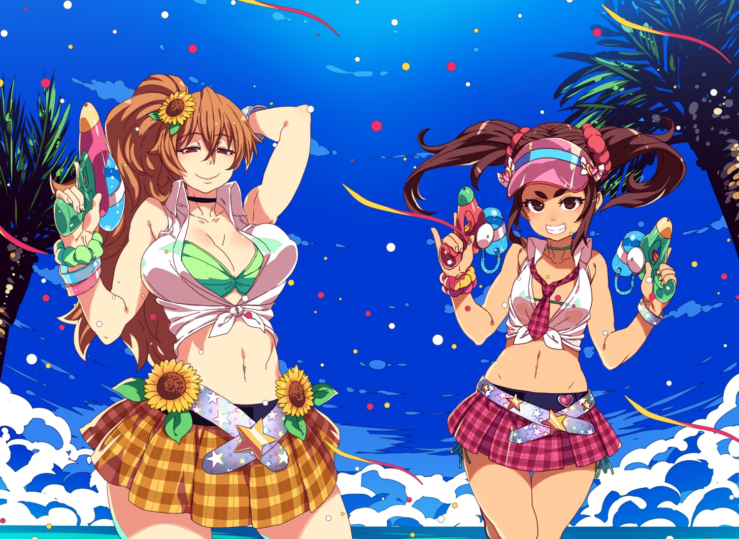 bikini_top, cleavage, gun, open_shirt, see_through, swimsuits, tasaka_shinnosuke