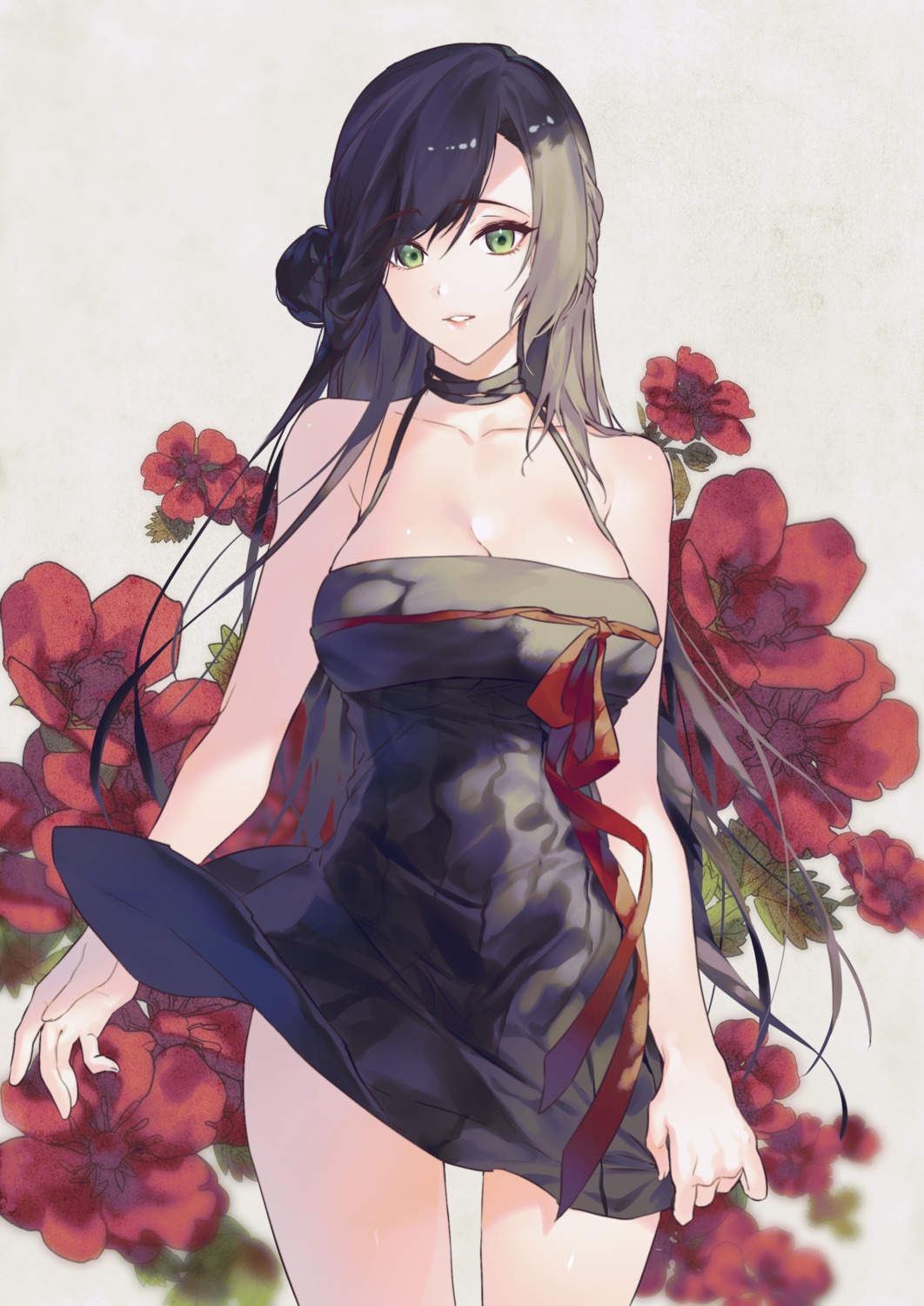 black_joa, cleavage, dress, skirt_lift