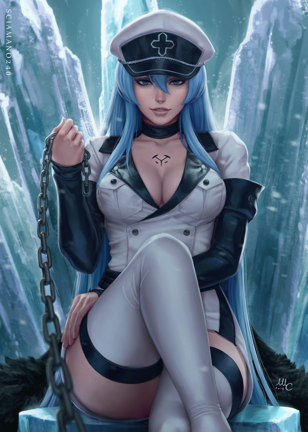 akame_ga_kill!, cleavage, esdeath, mirco_cabbia, tattoo, thighhighs
