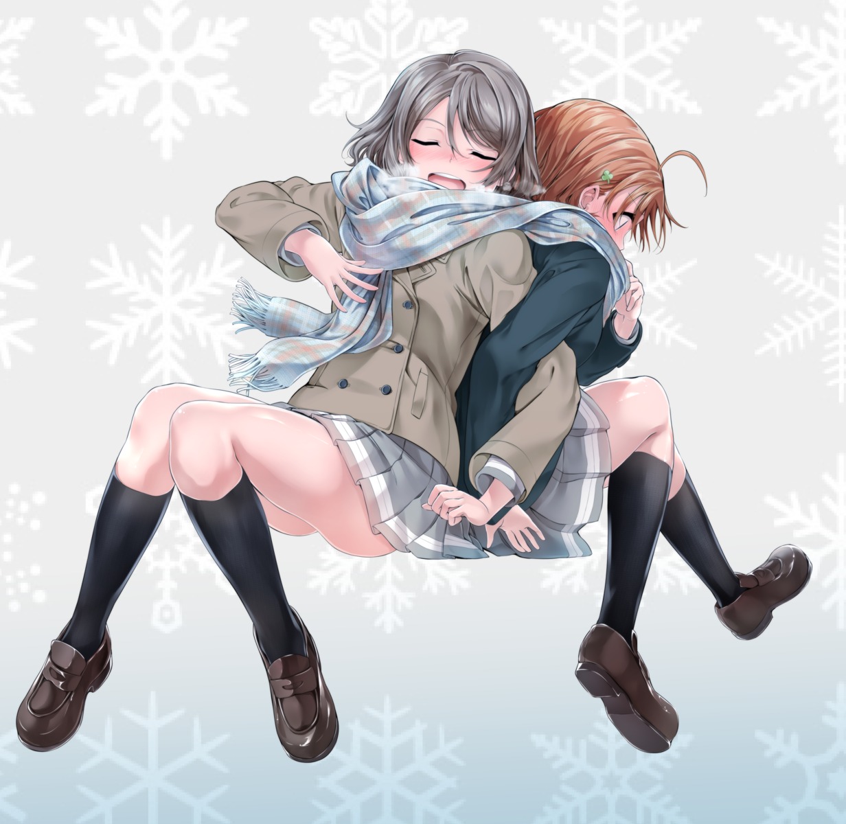 love_live!_(series), love_live!_sunshine!!, seifuku, sweater, takami_chika, watanabe_you, yuri, yuuki_(nijiiro_palette)