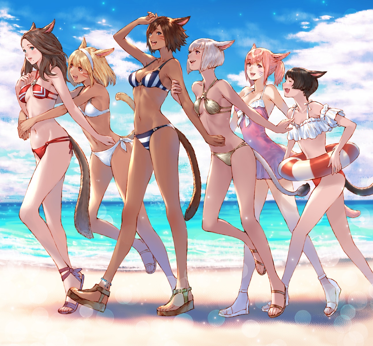 animal_ears, bikini, cleavage, final_fantasy, final_fantasy_xiv, makimura_shunsuke, miqo'te, swimsuits