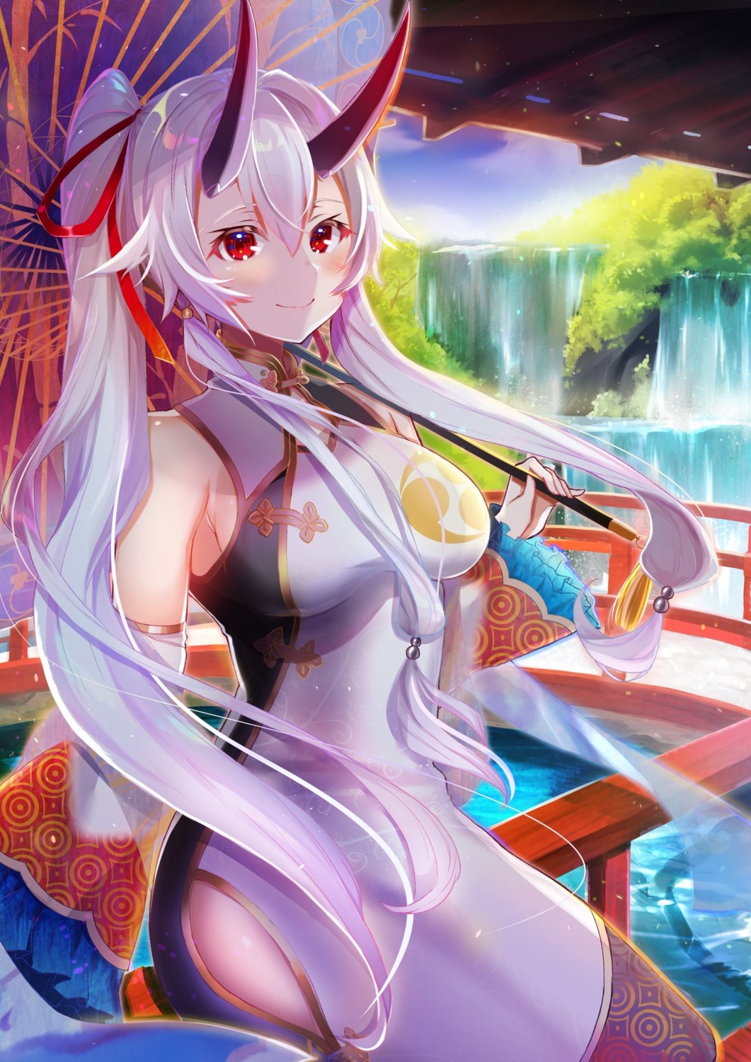 chinadress, fate/grand_order, felnemo, horns, tomoe_gozen_(fate), umbrella