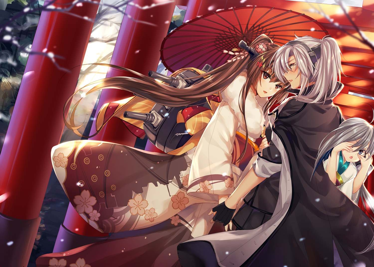 kantai_collection, kimono, kiyoshimo_(kancolle), mallizmora, megane, musashi_(kancolle), umbrella, yamato_(kancolle)