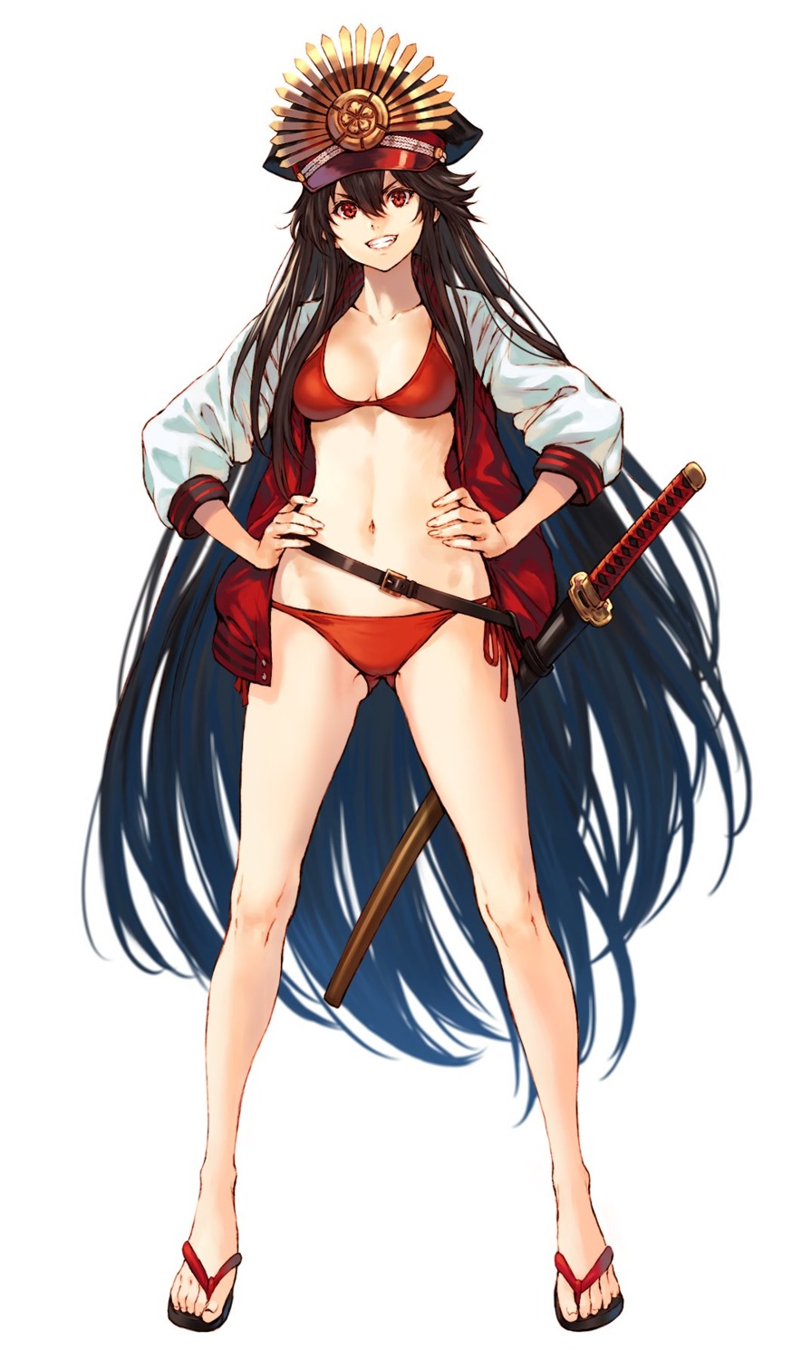 bikini, cleavage, fate/grand_order, makimura_shunsuke, oda_nobunaga_(fate), open_shirt, swimsuits, sword