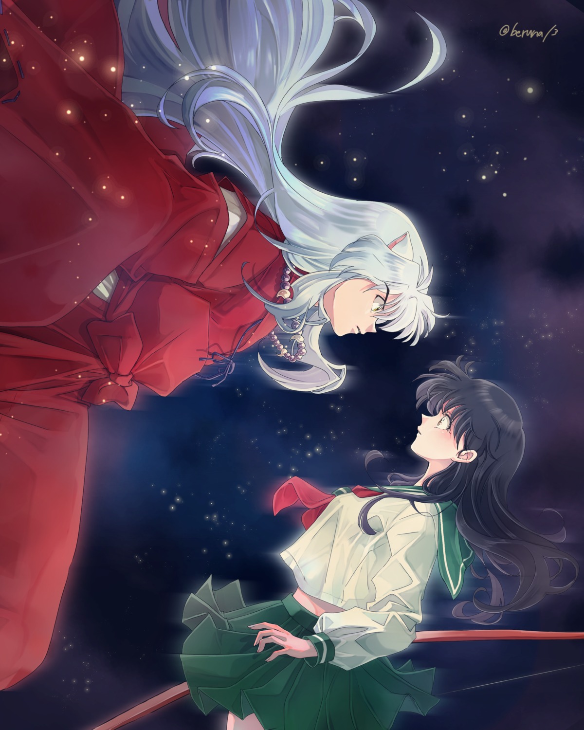 animal_ears, higurashi_kagome, inuko_(pixiv_6096383), inuyasha, inuyasha_(character), seifuku, weapon