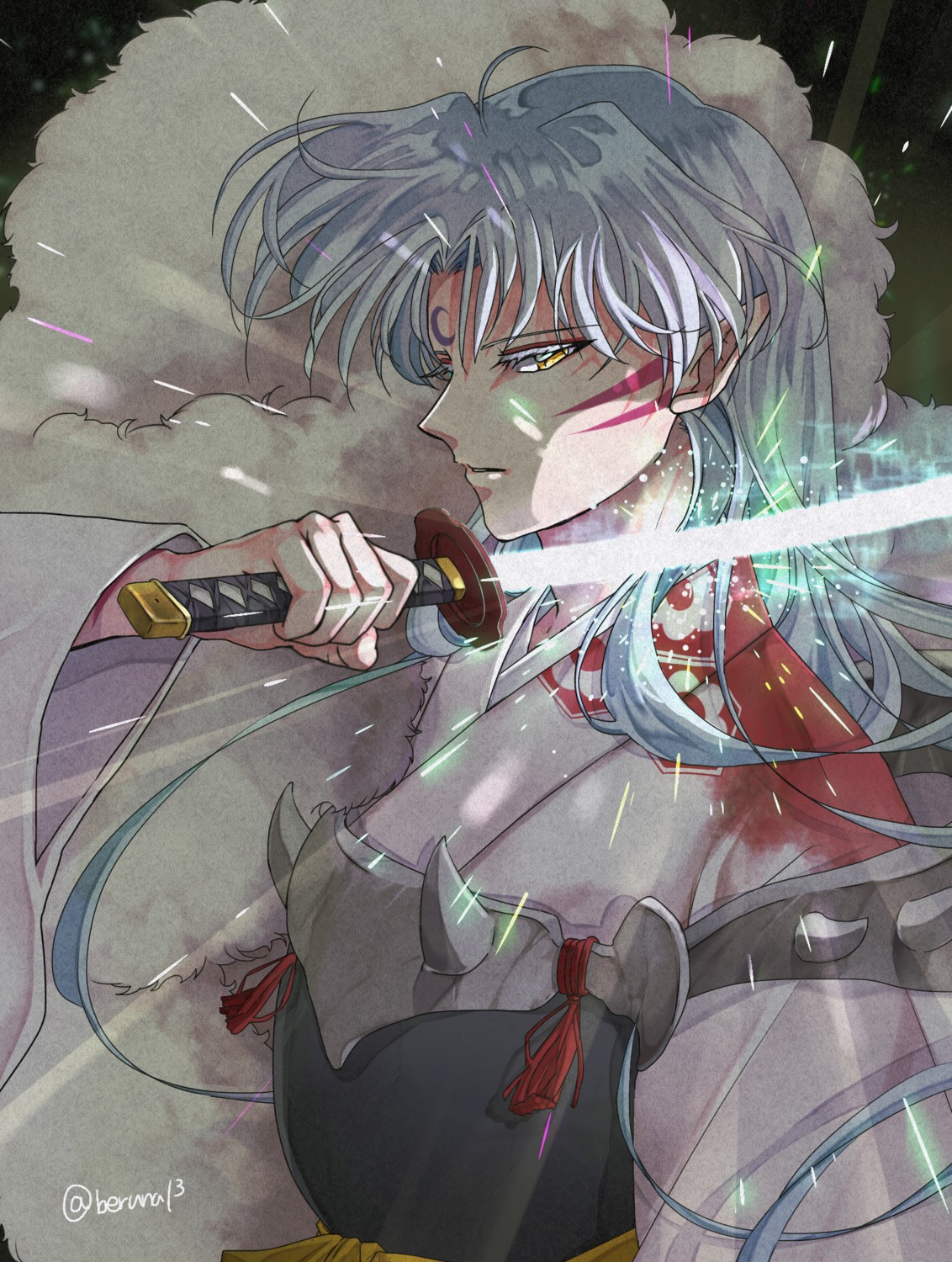 inuko_(pixiv_6096383), inuyasha, male, pointy_ears, sesshoumaru, sword, tattoo
