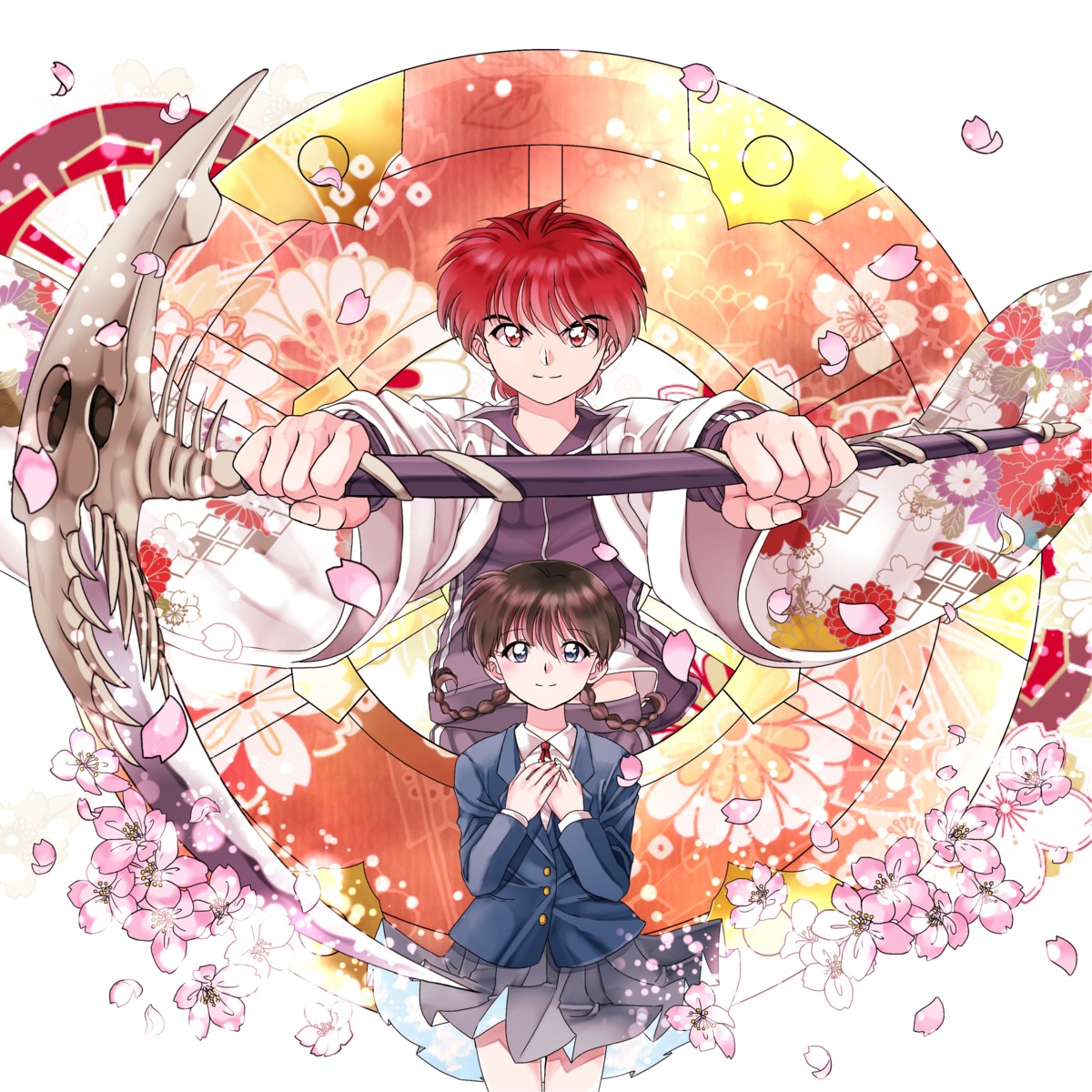 inuko_(pixiv_6096383), kyoukai_no_rinne, mamiya_sakura, rokudo_rinne, seifuku, skirt_lift, weapon