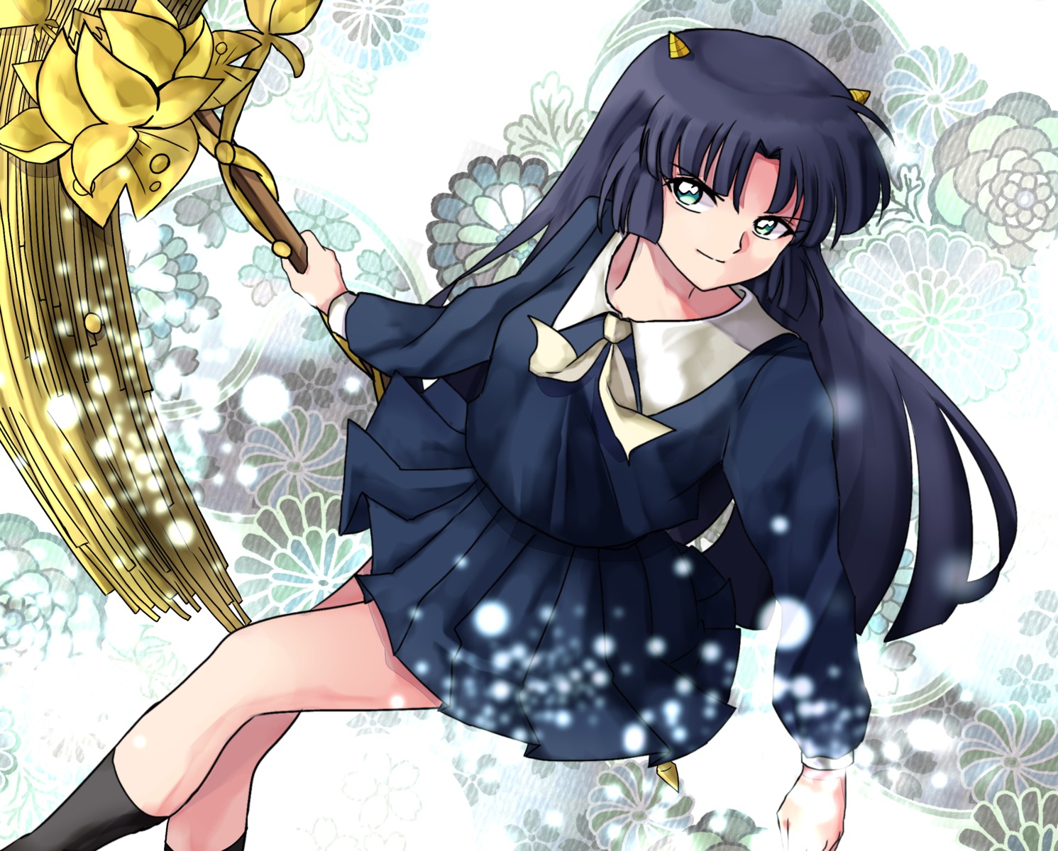horns, inuko_(pixiv_6096383), kyoukai_no_rinne, seifuku, shima_renge, weapon