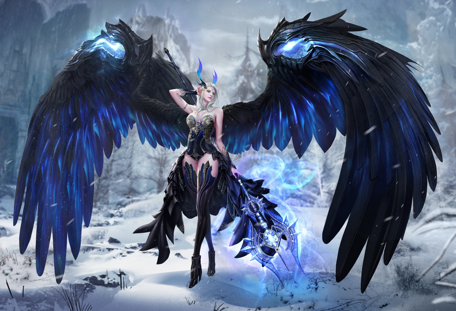 armor, cleavage, daeho_cha, era_of_angels, heels, pantsu, thighhighs, weapon, wings