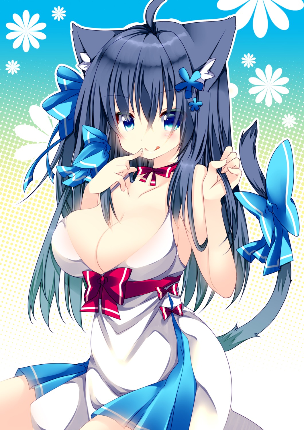 animal_ears, cleavage, dress, hikanyan, nekomimi, no_bra, tail