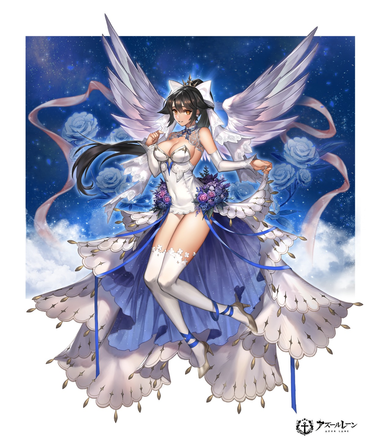 amnag, azur_lane, cleavage, dress, heels, pantsu, skirt_lift, takao_(azur_lane), thighhighs, wings