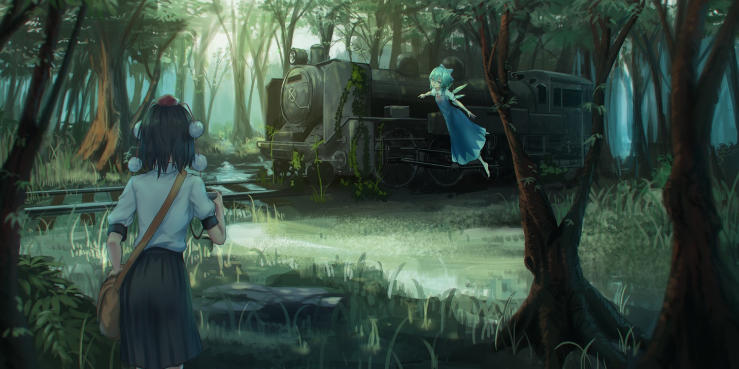 cirno, dress, landscape, roke_(taikodon), shameimaru_aya, touhou, wings