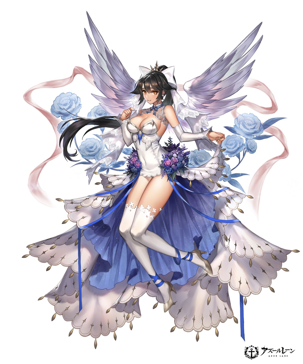 amnag, azur_lane, cleavage, dress, heels, pantsu, skirt_lift, takao_(azur_lane), thighhighs, wings