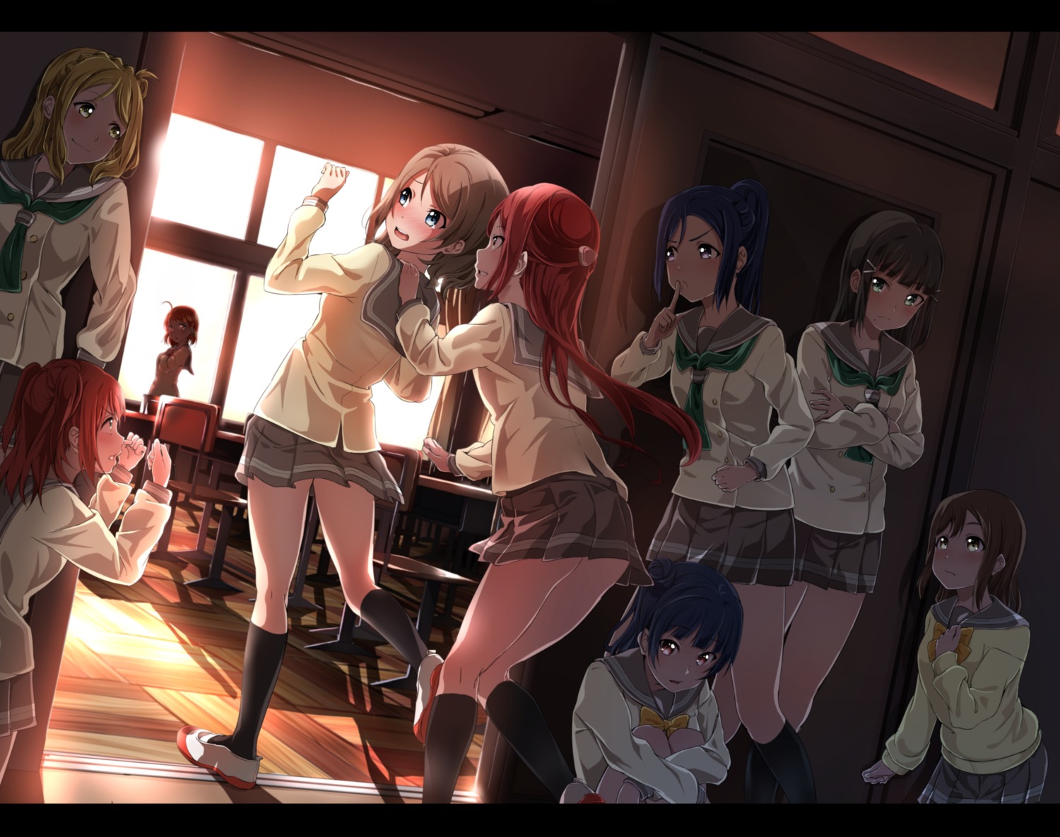 kunikida_hanamaru, kurosawa_dia, kurosawa_ruby, love_live!_(series), love_live!_sunshine!!, matsuura_kanan, ohara_mari, sakurauchi_riko, seifuku, sweater, takami_chika, tsushima_yoshiko, watanabe_you, yuuki_(nijiiro_palette)