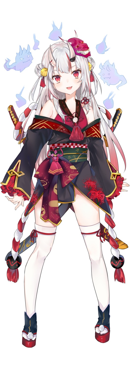 garter, hololive, horns, japanese_clothes, nakiri_ayame, nanakagura, sword, thighhighs