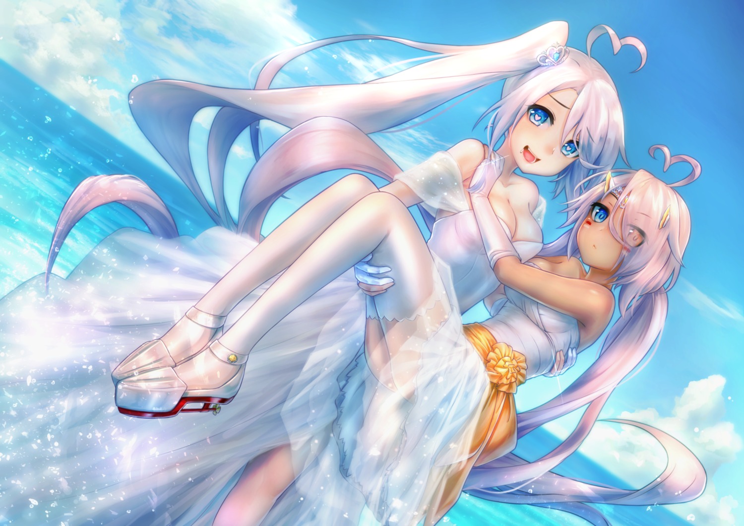 azur_lane, cleavage, dress, heterochromia, indianapolis_(azur_lane), portland_(azur_lane), see_through, thighhighs