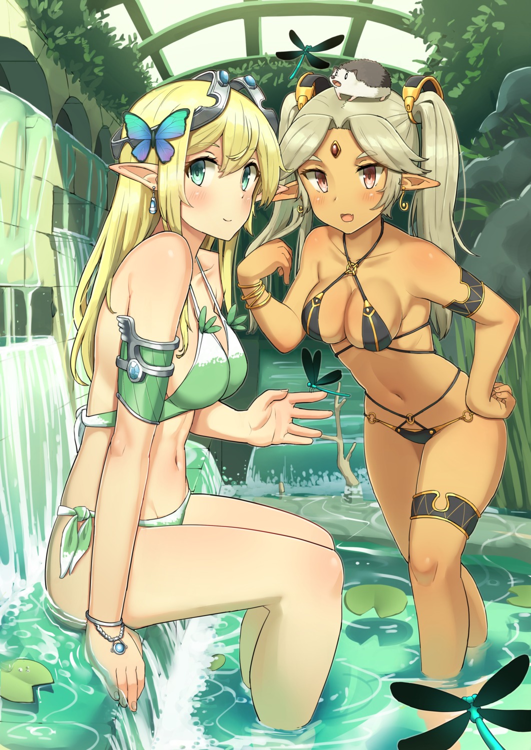 bikini, cleavage, elf, garter, pointy_ears, soil_chopsticks, swimsuits, wet