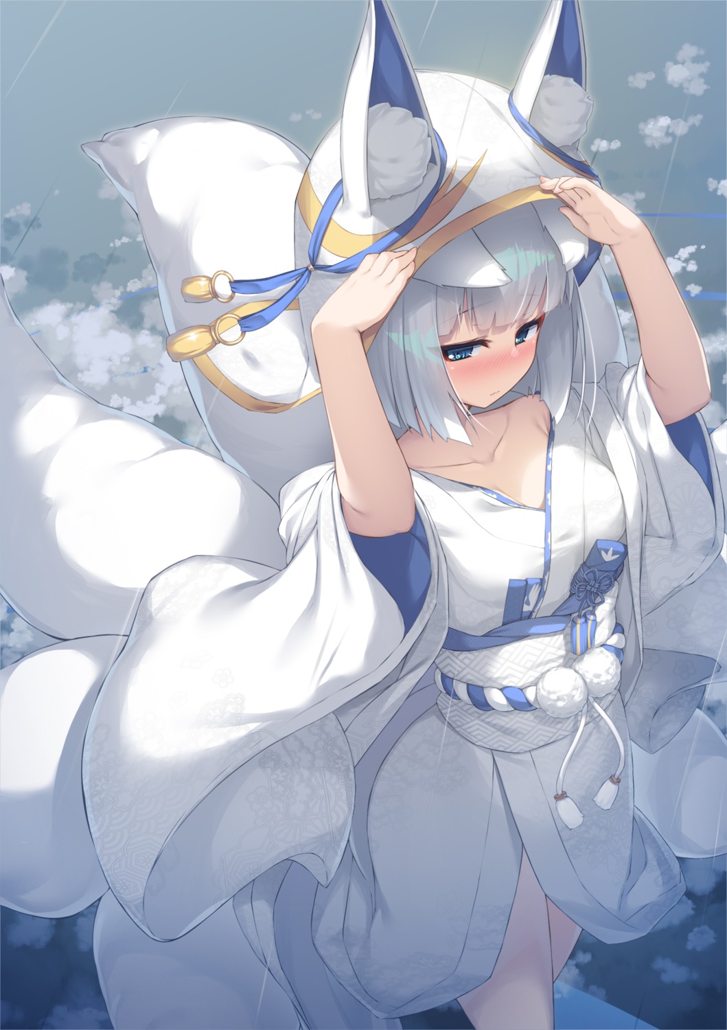 animal_ears, azur_lane, japanese_clothes, kaga_(azur_lane), kitsune, olive_(laai), pantyhose, tail