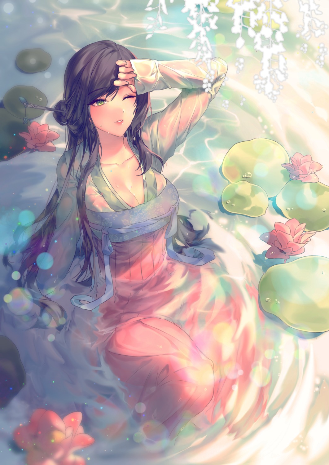 asian_clothes, black_joa, cleavage, see_through, wet, wet_clothes