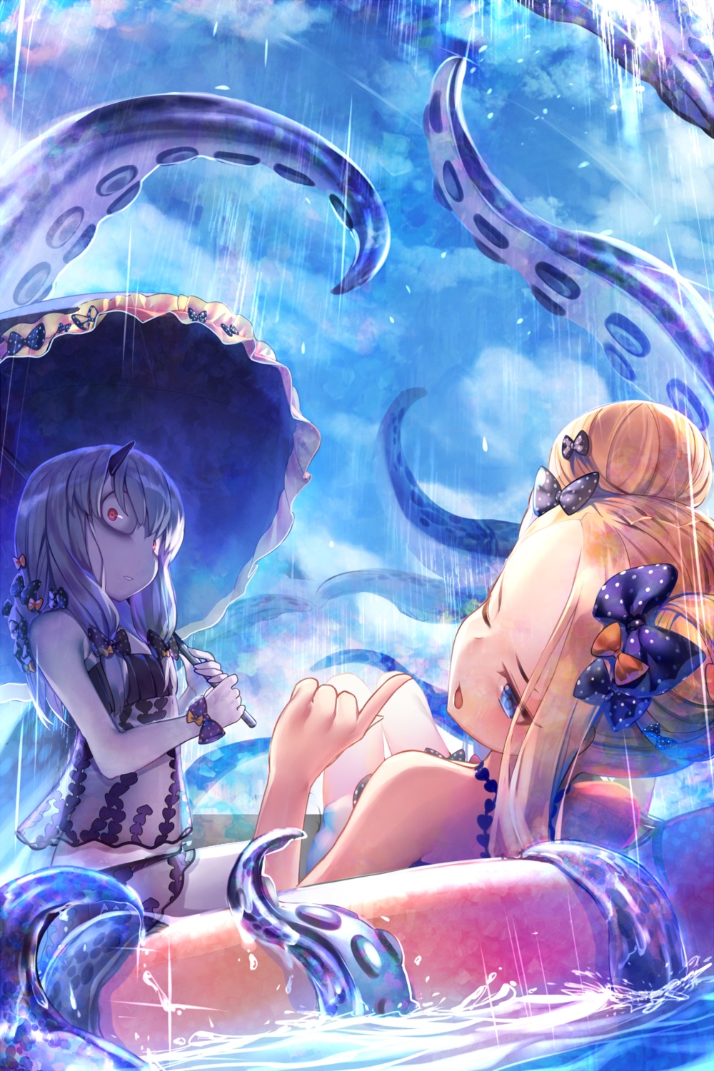 abigail_williams_(fate), bikini, fate/grand_order, gendo0032, horns, lavinia_whateley_(fate/grand_order), see_through, swimsuits