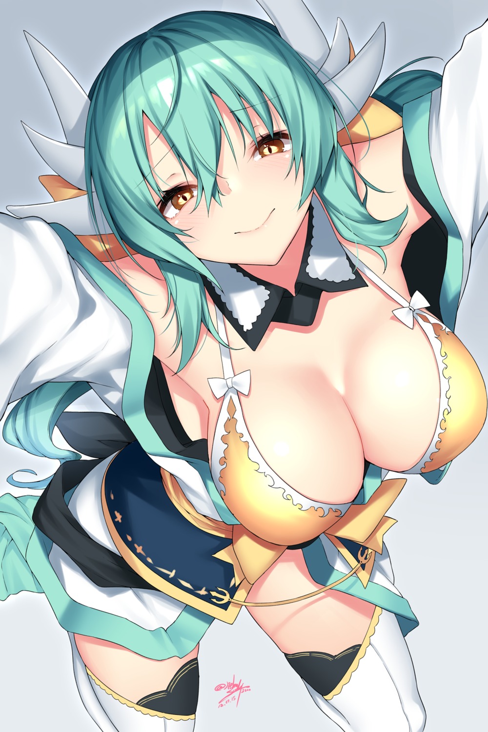 bikini_top, fate/grand_order, horns, japanese_clothes, kiyohime_(fate), nebusoku, open_shirt, swimsuits