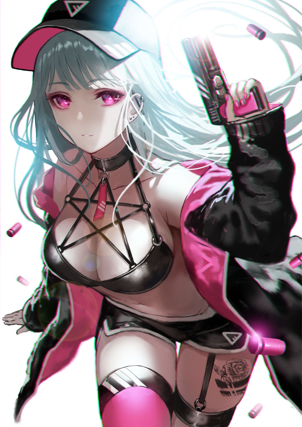 bikini_top, cleavage, garter, gun, open_shirt, swimsuits, tattoo, terai_(teraimorimori)