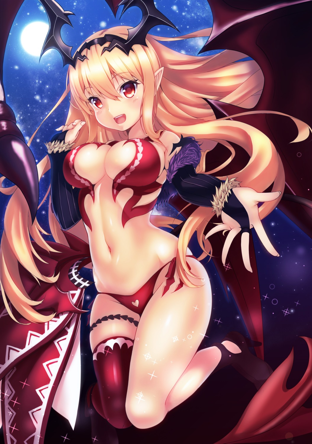 bikini_armor, cleavage, garter, granblue_fantasy, heels, horns, pointy_ears, sekki_moka, thighhighs, wings