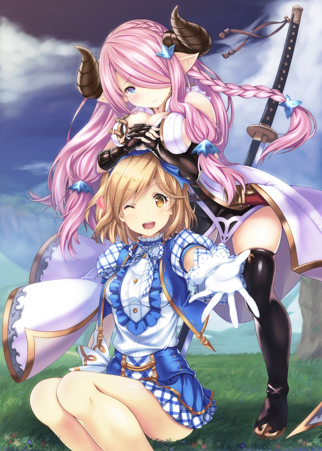 cleavage, djeeta_(granblue_fantasy), granblue_fantasy, horns, narumeia_(granblue_fantasy), pointy_ears, sekki_moka, sword
