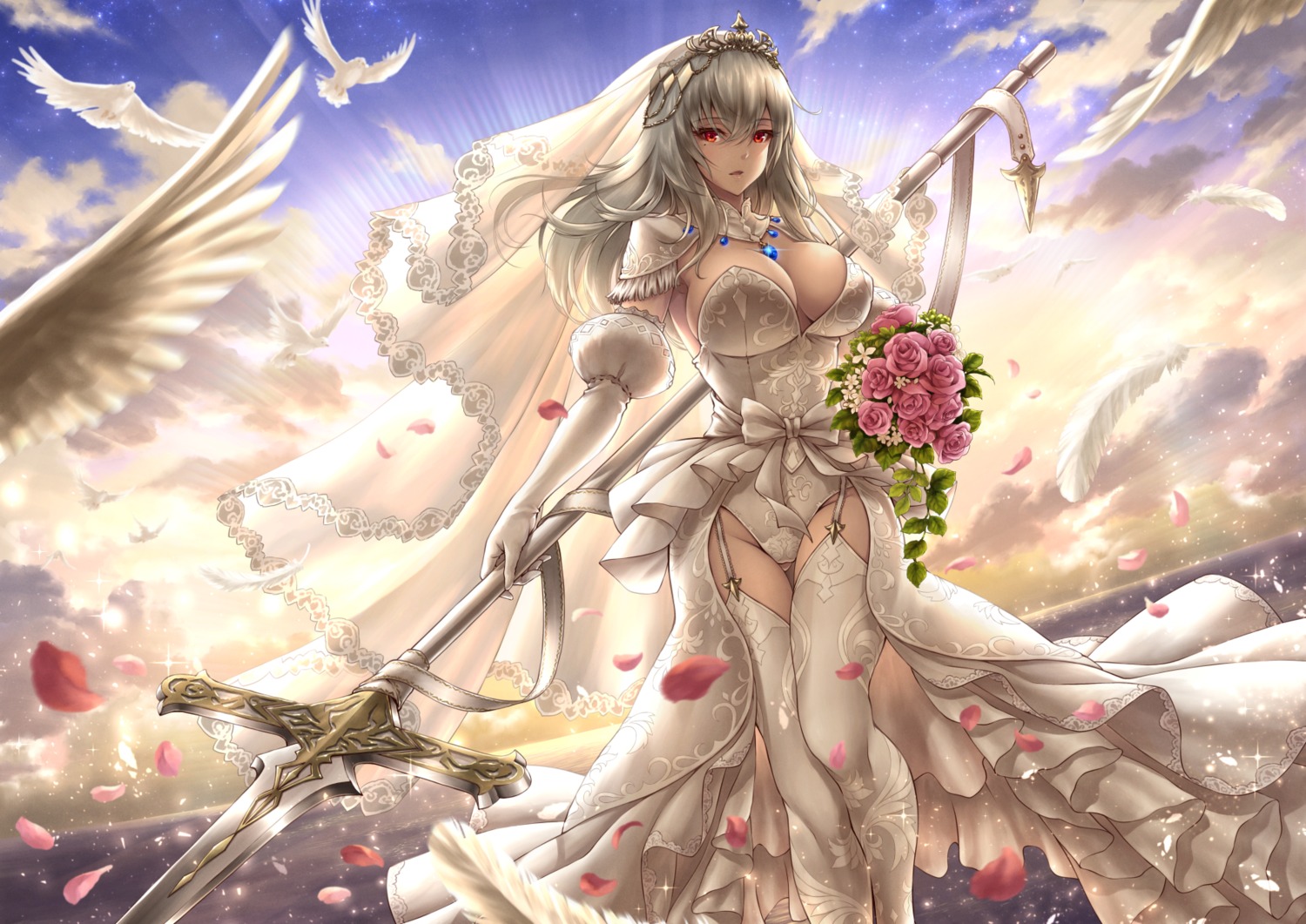 azur_lane, dress, leotard, lioreo, saint_louis_(azur_lane), stockings, thighhighs, weapon, wedding_dress