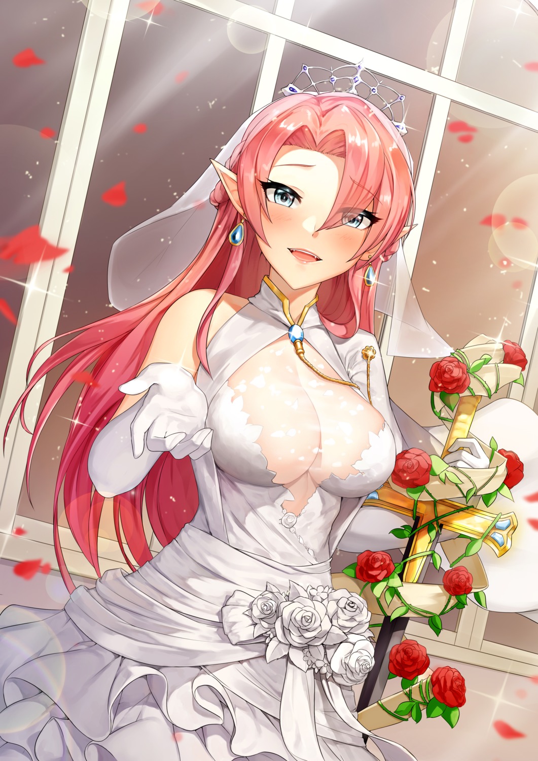 azur_lane, cleavage, dress, duke_of_york_(azur_lane), jai_(whany1998), no_bra, pointy_ears, see_through
