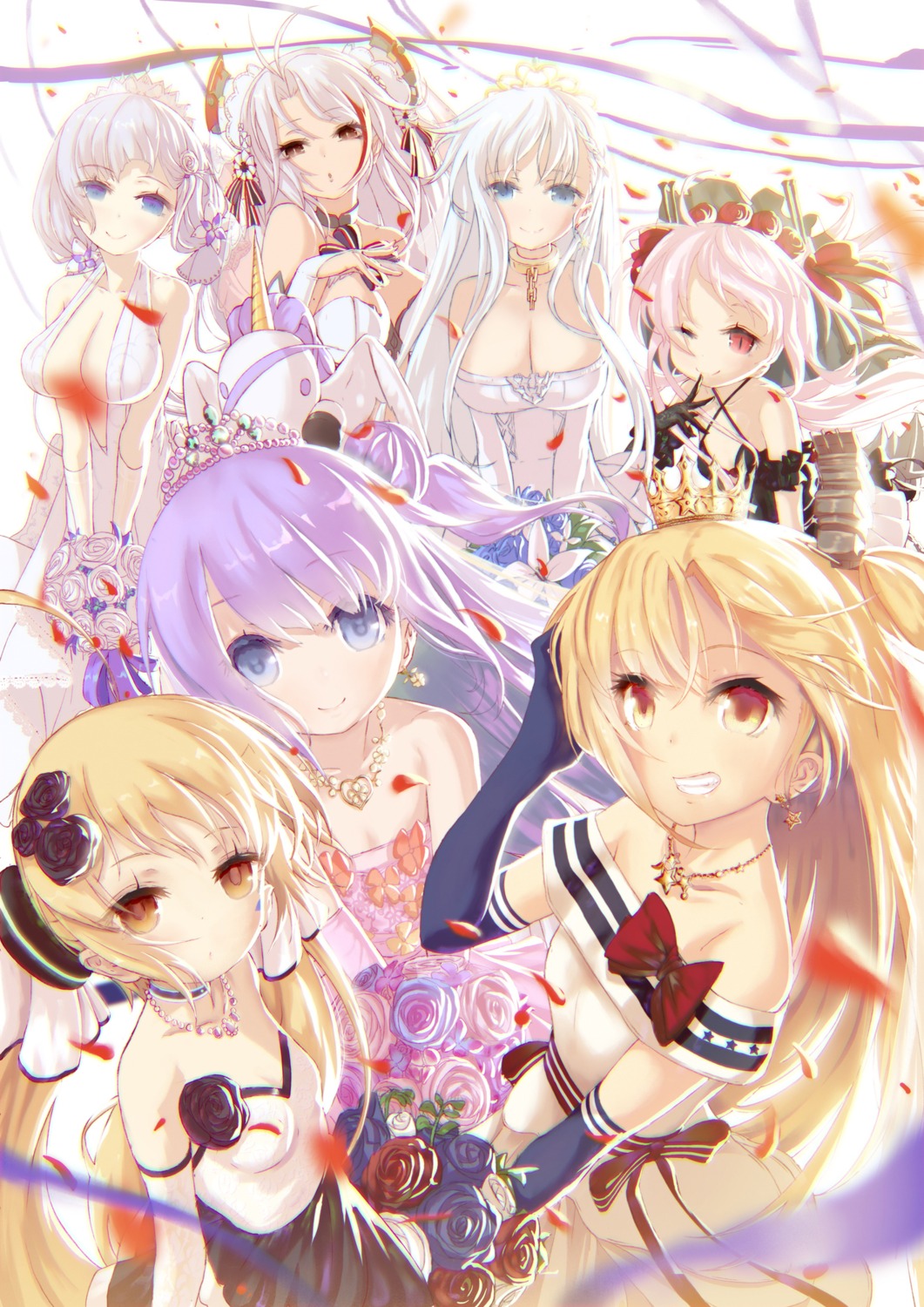 azur_lane, belfast_(azur_lane), cleavage, cleveland_(azur_lane), dress, eldridge_(azur_lane), illustrious_(azur_lane), misago_(525), no_bra, prinz_eugen_(azur_lane), unicorn_(azur_lane), vampire_(azur_lane), wedding_dress