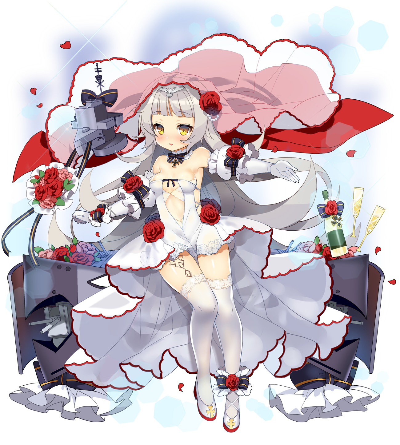 azur_lane, dress, heels, kurot, no_bra, tattoo, thighhighs, wedding_dress