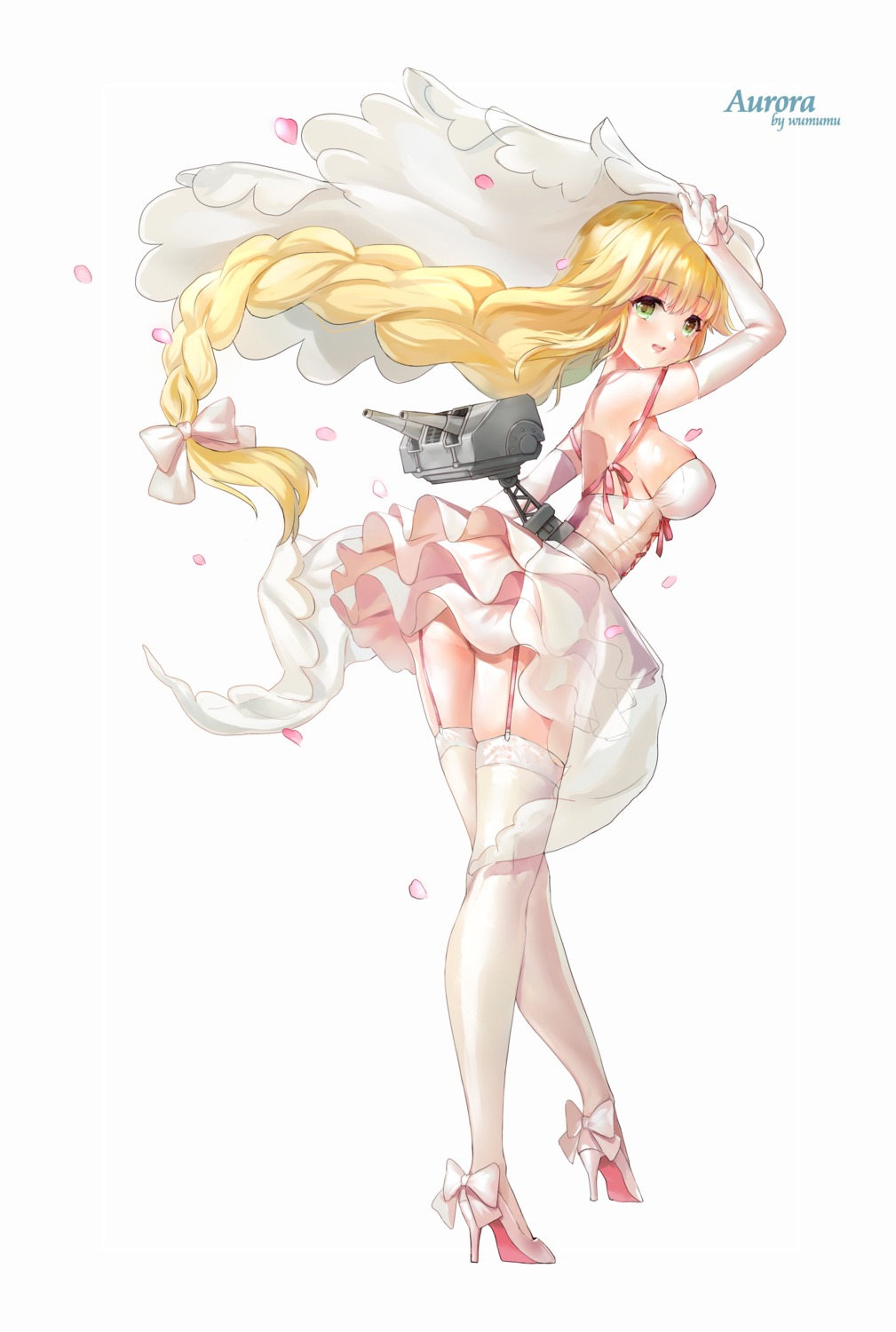 ass, aurora_(azur_lane), azur_lane, dress, heels, stockings, thighhighs, wedding_dress