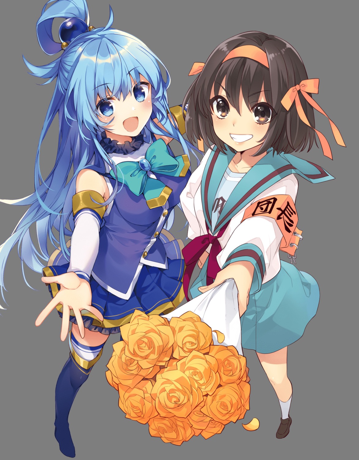 aqua_(konosuba), crossover, ito_noizi, kono_subarashii_sekai_ni_shukufuku_wo!, mishima_kurone, seifuku, suzumiya_haruhi, suzumiya_haruhi_no_yuuutsu, thighhighs, transparent_png