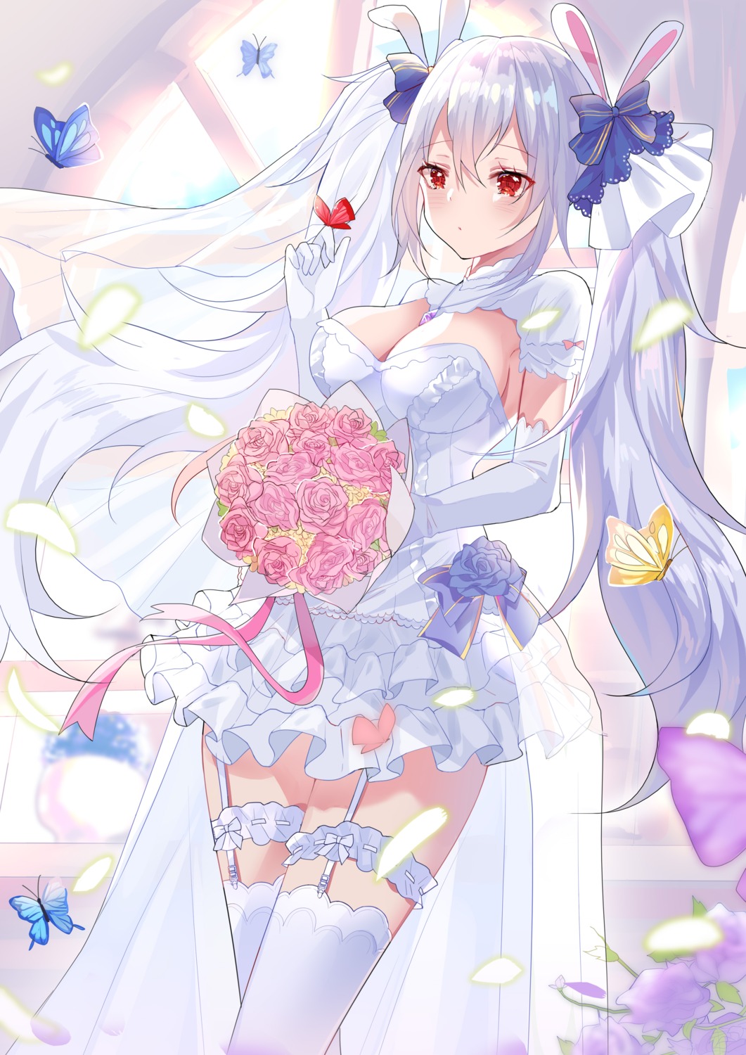 animal_ears, azur_lane, bunny_ears, cleavage, dress, garter, hum_(ten_ten), laffey_(azur_lane), stockings, thighhighs, wedding_dress