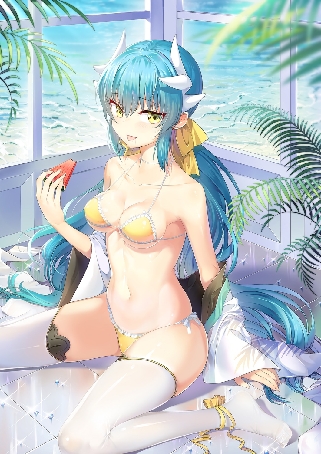 bikini, canegouzi, fate/grand_order, horns, kiyohime_(fate), open_shirt, swimsuits, thighhighs