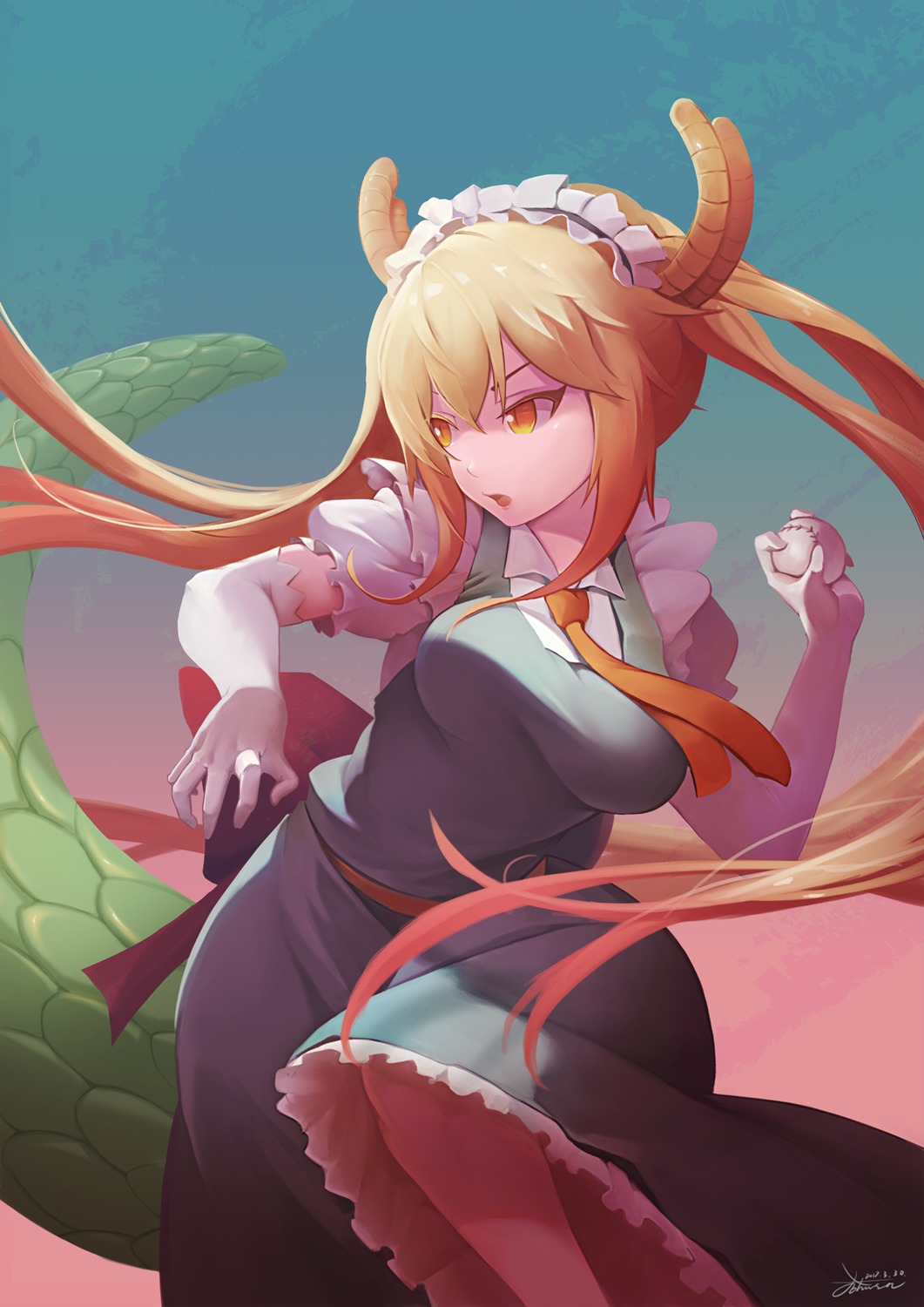 horns, johnson_zhuang, kobayashi-san_chi_no_maidragon, maid, tail, tooru_(maidragon)