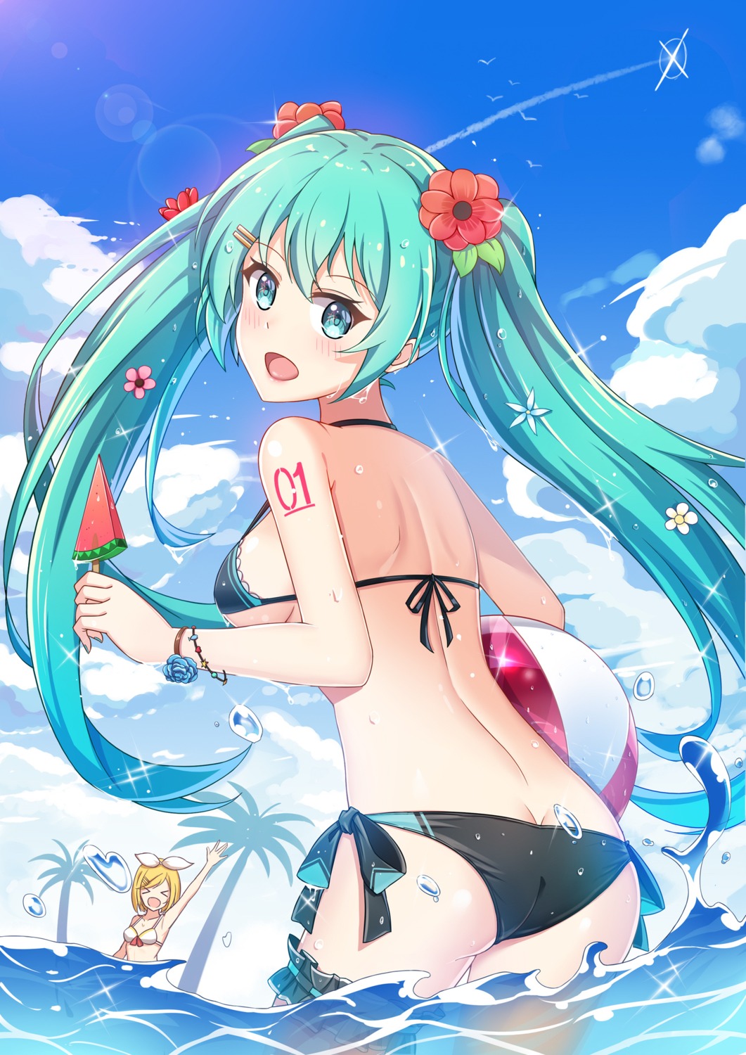 ass, bikini, hatsune_miku, kagamine_rin, plate, swimsuits, tattoo, underboob, vocaloid, wet
