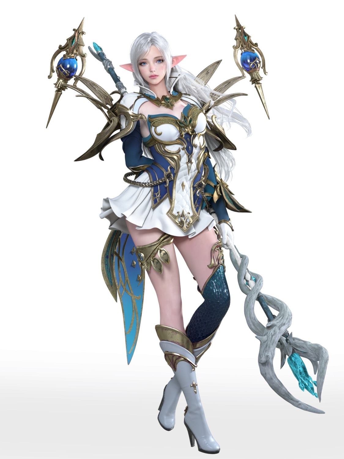 armor, cg, garter, heels, lineage_2, pointy_ears, thighhighs, weapon