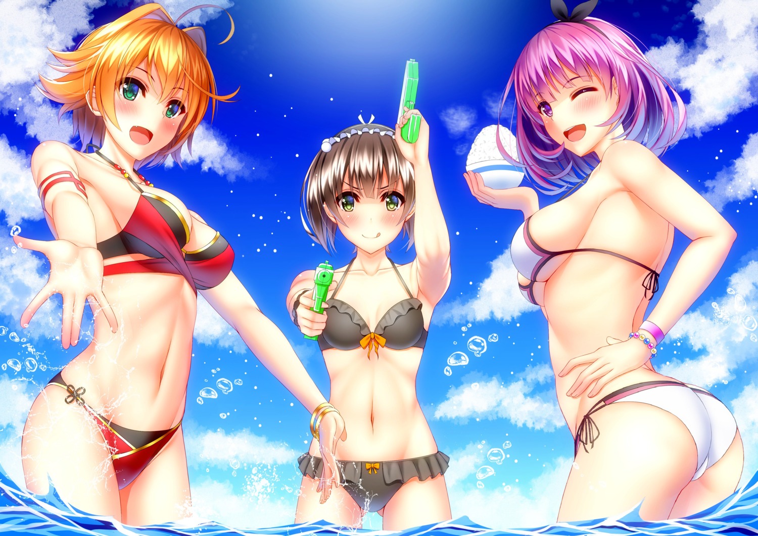 amaki_okome, ass, bikini, cleavage, crossover, gun, hakari_kanna, kanna_channel