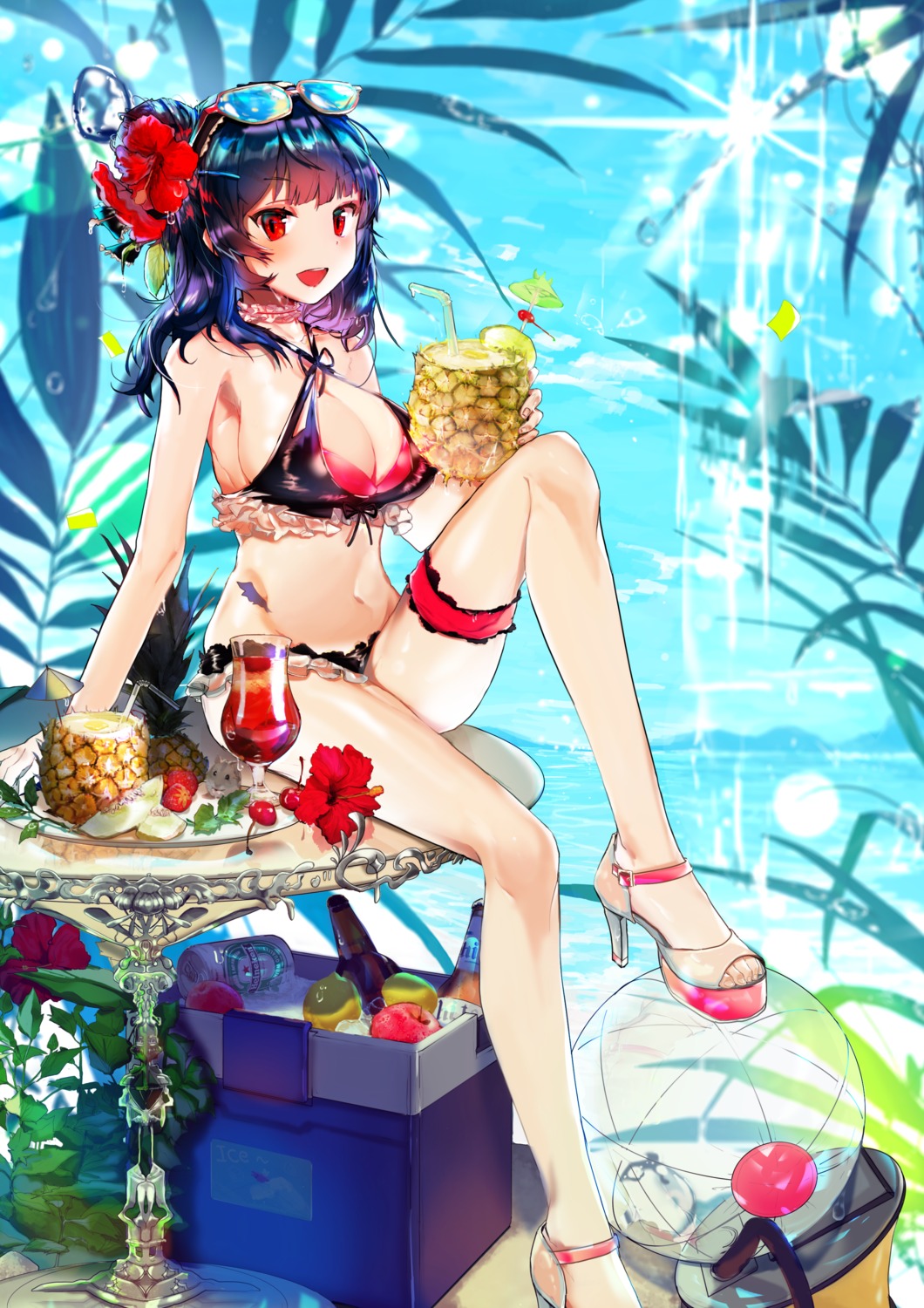 bikini, cleavage, garter, heels, love_live!_(series), love_live!_sunshine!!, megane, swimsuits, tsushima_yoshiko, yg